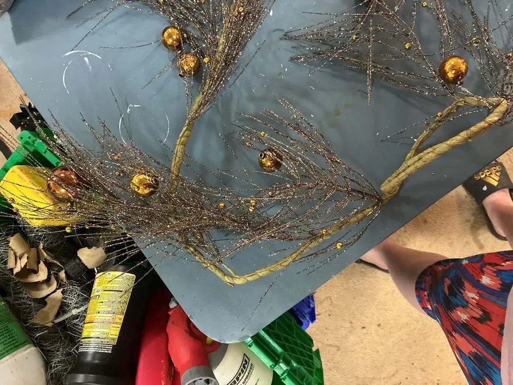 Gold Glittered Twig Christmas Garland with Beaded Ornaments and Decorative Pinec